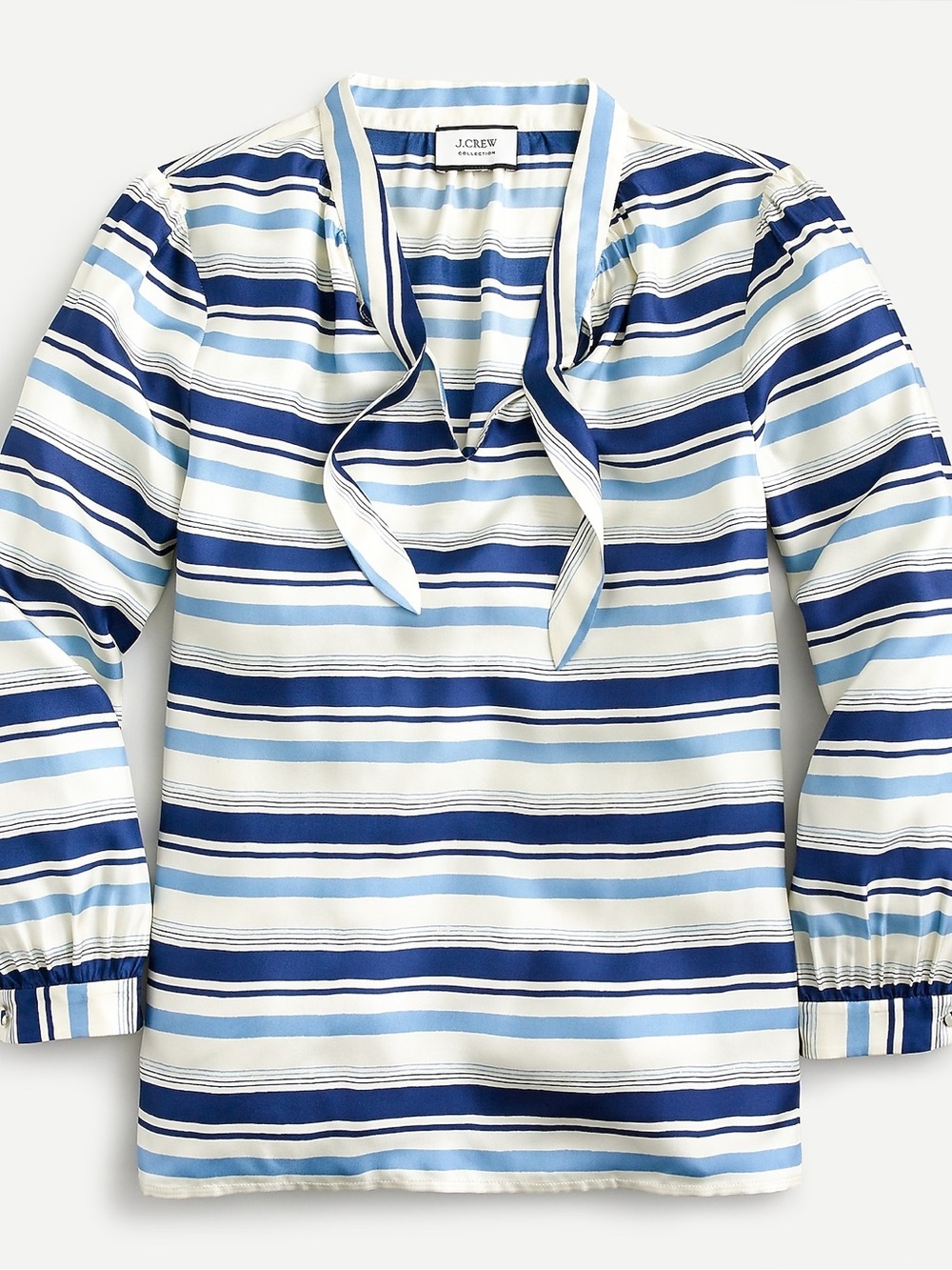 J. Crew Collection Silk Blouse Striped Cream Blue Tie-Neck Size Large Classic